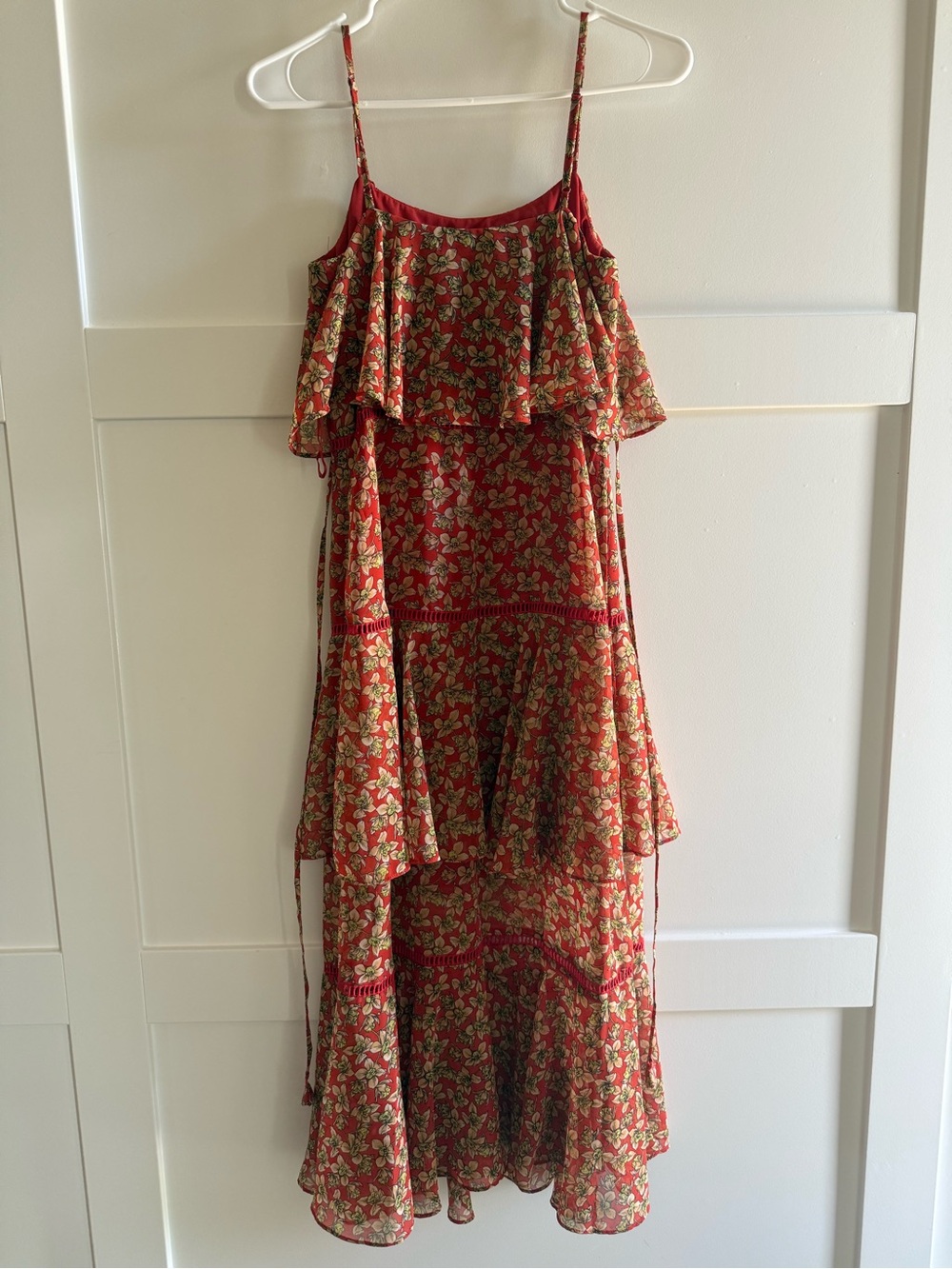 Rebecca Minkoff Size 0 Red Floral Tiered Ruffle Maxi Dress Spaghetti Strap